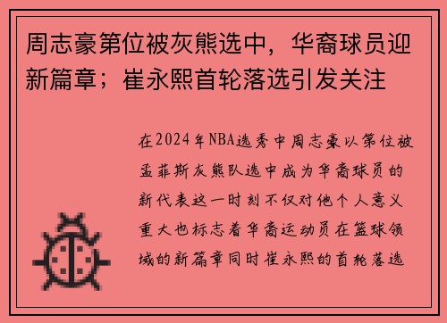 周志豪第位被灰熊选中，华裔球员迎新篇章；崔永熙首轮落选引发关注